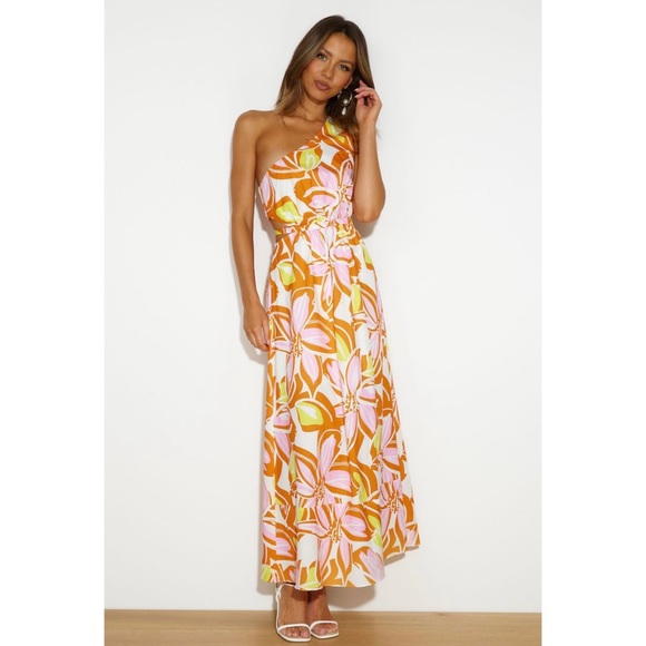 Hello Molly Dresses & Skirts - Hello Molly Orange & Pink One-Shoulder Floral Maxi Dress